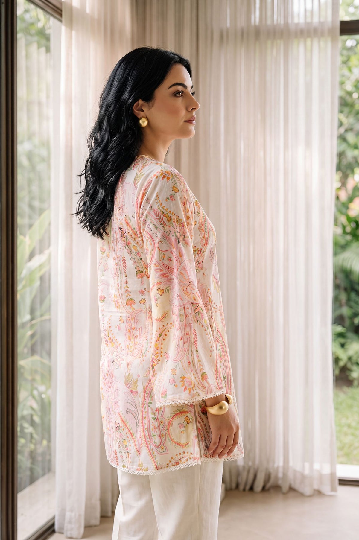 Off White Paisley Printed Pure Cotton Straight Tunic