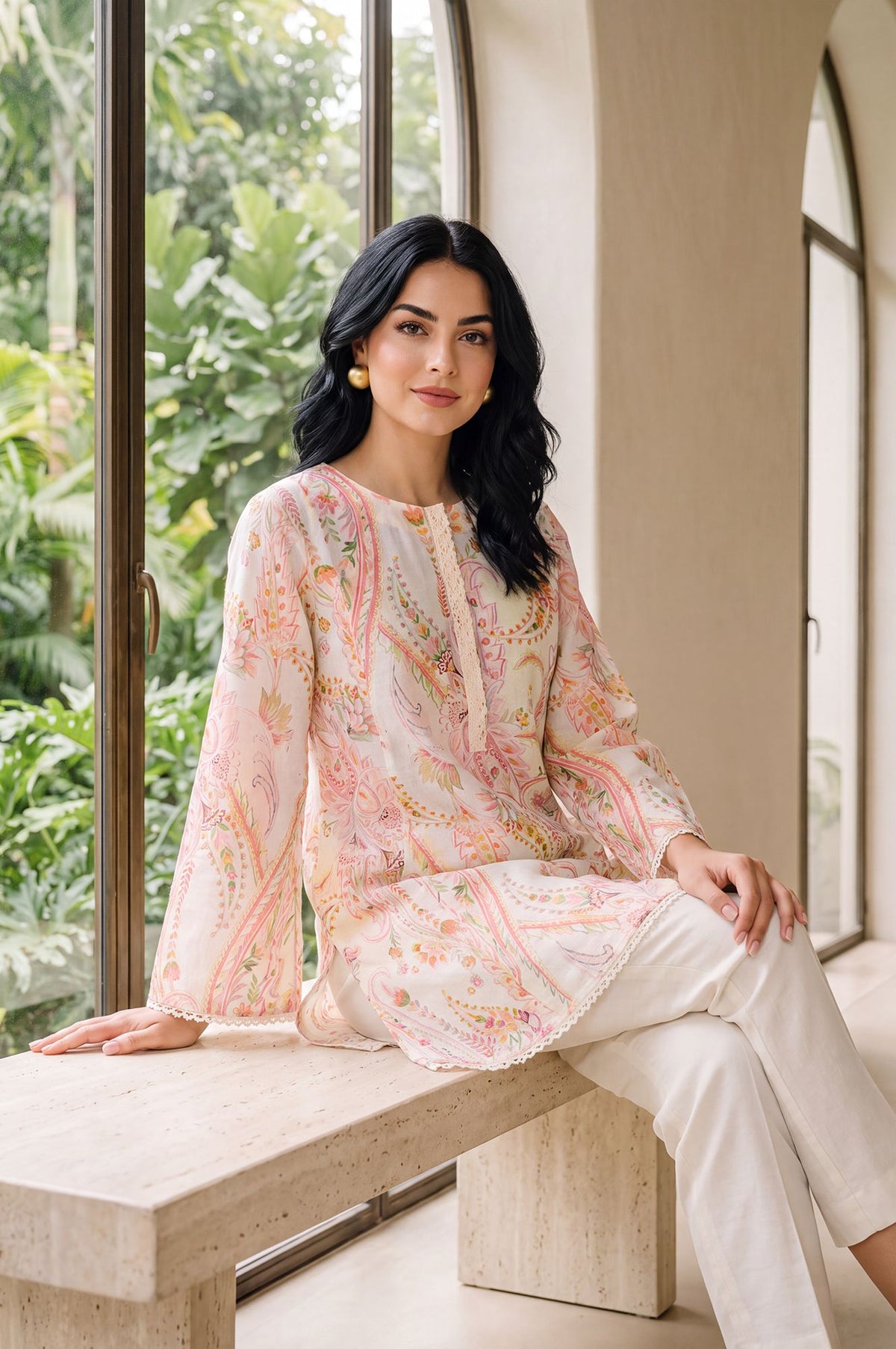 Off White Paisley Printed Pure Cotton Straight Tunic