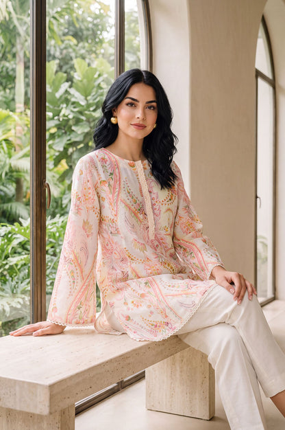 Off White Paisley Printed Pure Cotton Straight Tunic