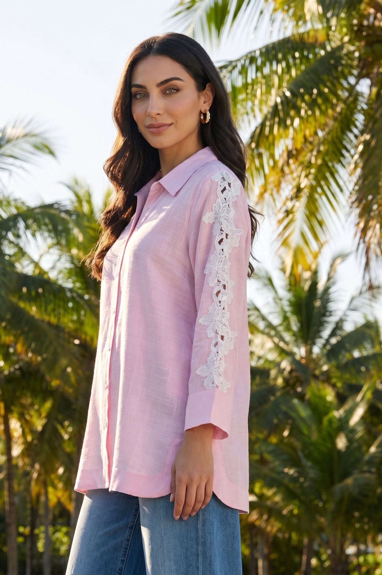 Light Pink Cotton Rayon Shirt with Embroidered Sleeves