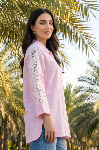 Light Pink Cotton Rayon Shirt with Embroidered Sleeves