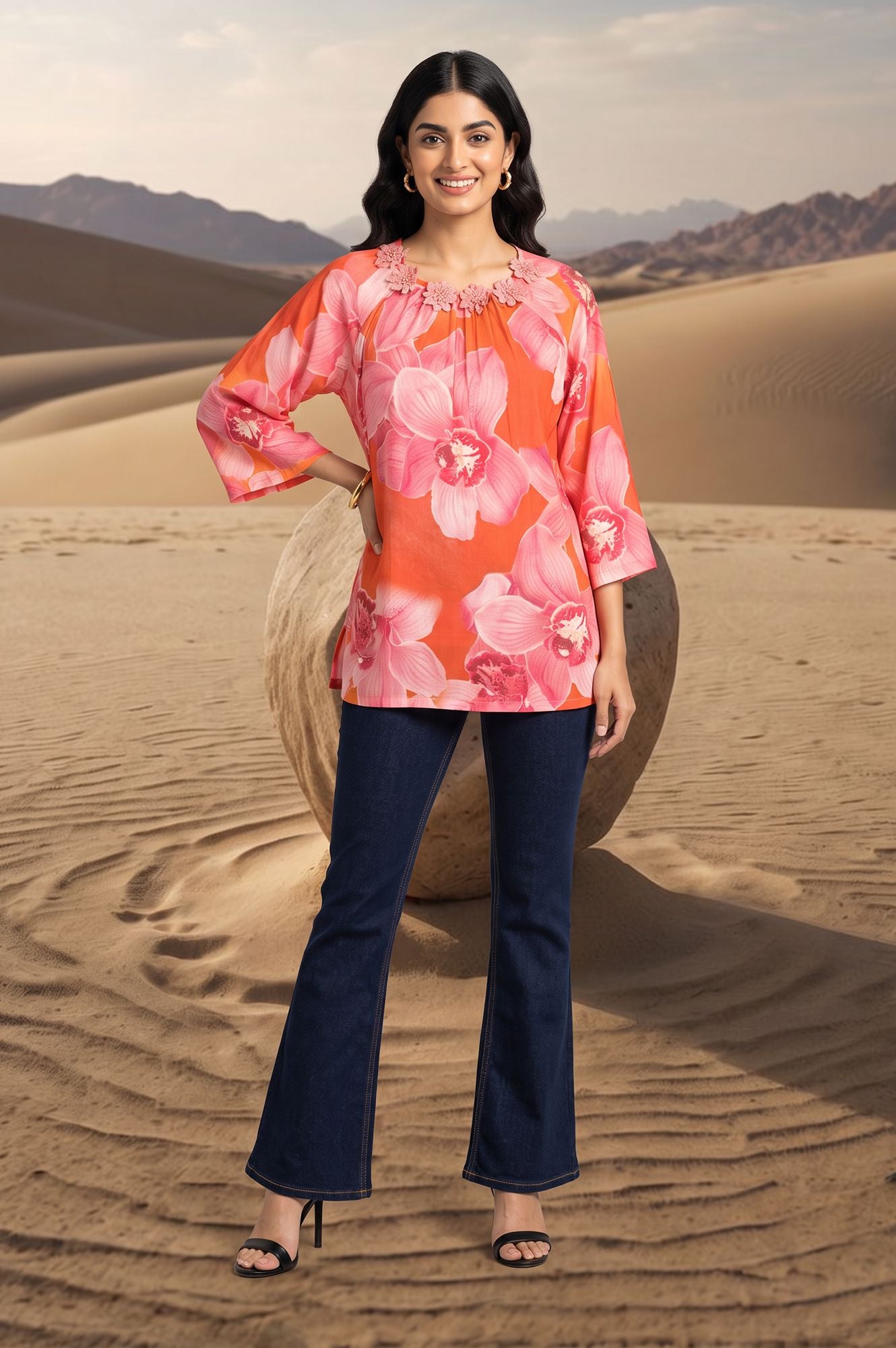 Orange Floral Printed Pure Cotton Straight Top