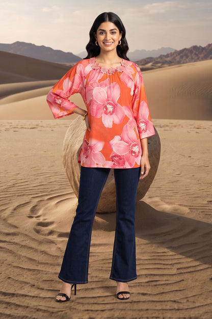 Orange Floral Printed Pure Cotton Straight Top