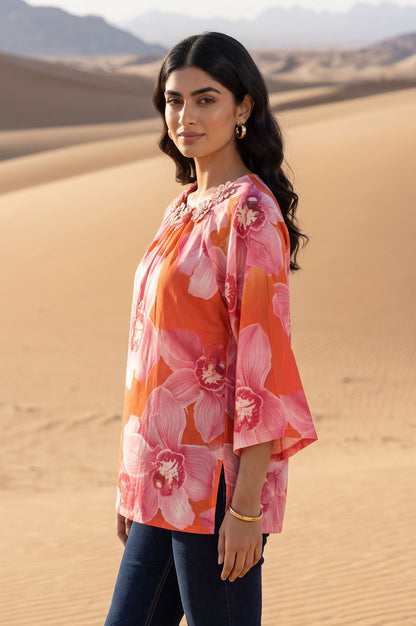 Orange Floral Printed Pure Cotton Straight Top