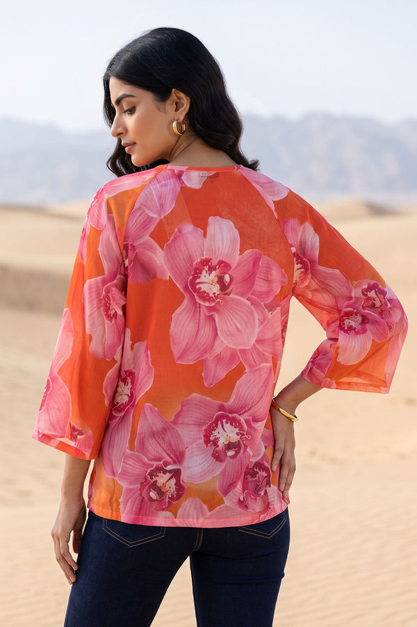 Orange Floral Printed Pure Cotton Straight Top