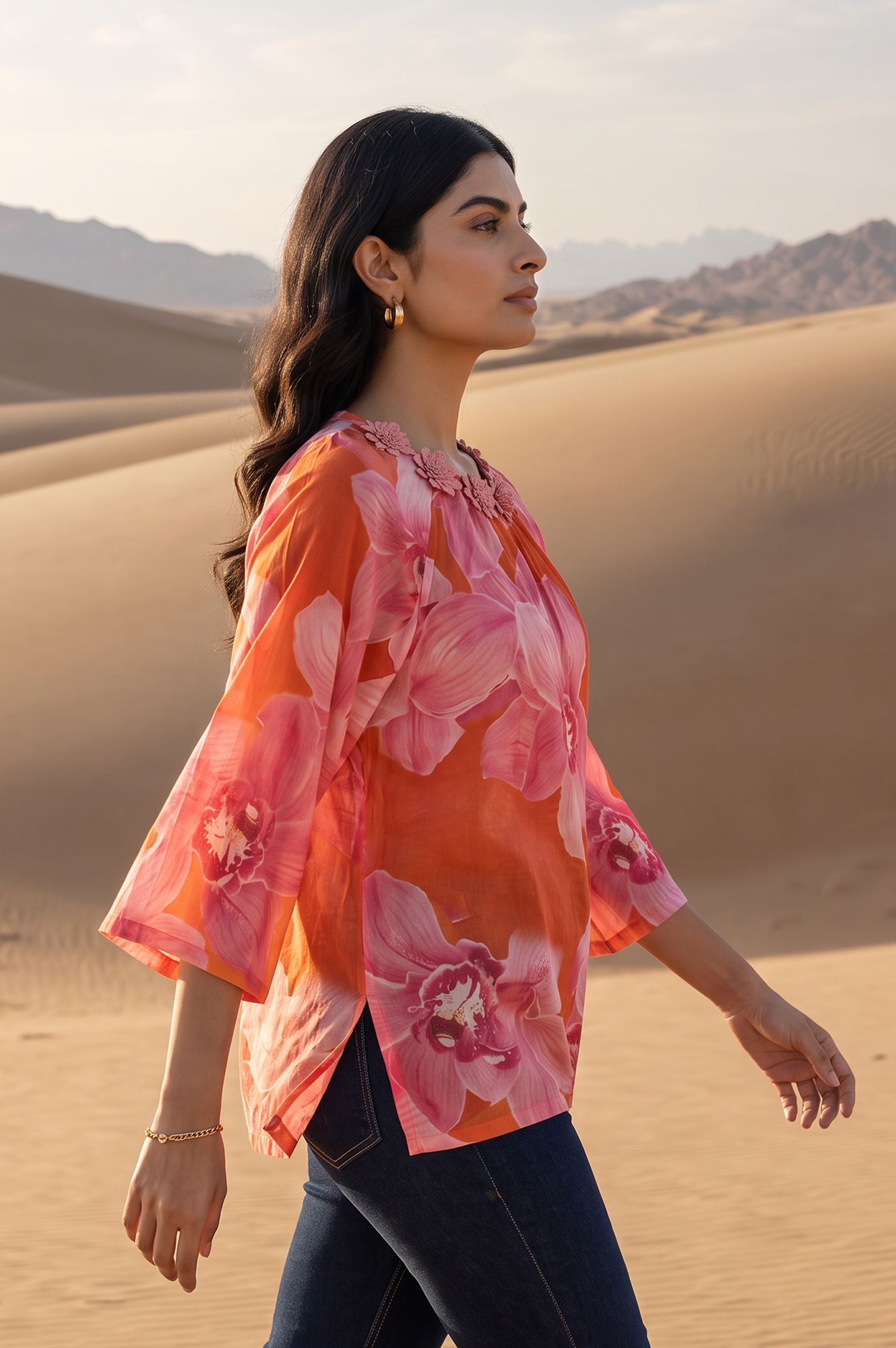 Orange Floral Printed Pure Cotton Straight Top