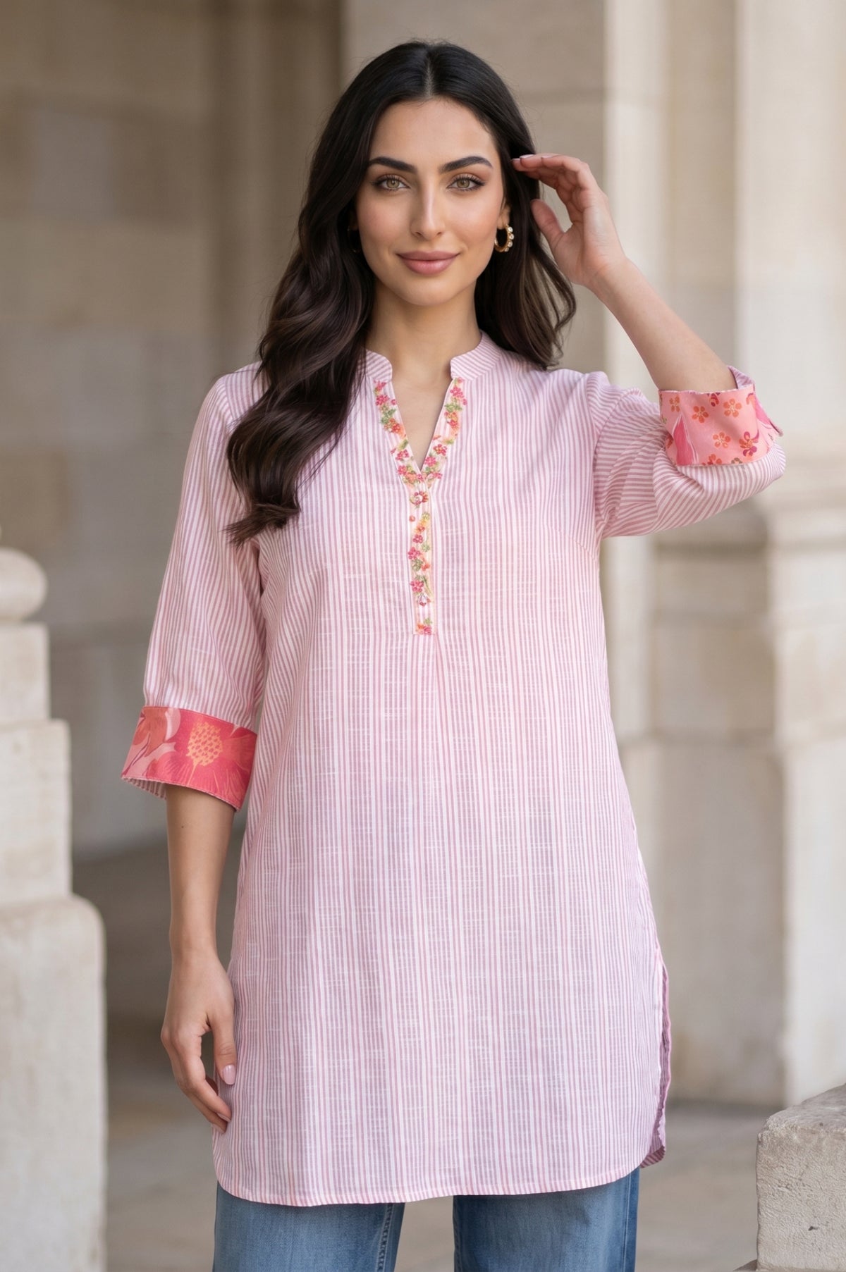 Light Pink Striped Embroidered Yarn Dyed Pure Cotton Straight Tunic