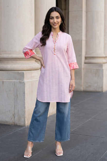 Light Pink Striped Embroidered Yarn Dyed Pure Cotton Straight Tunic