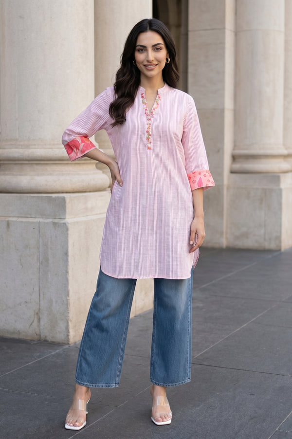 Light Pink Striped Embroidered Yarn Dyed Pure Cotton Straight Tunic