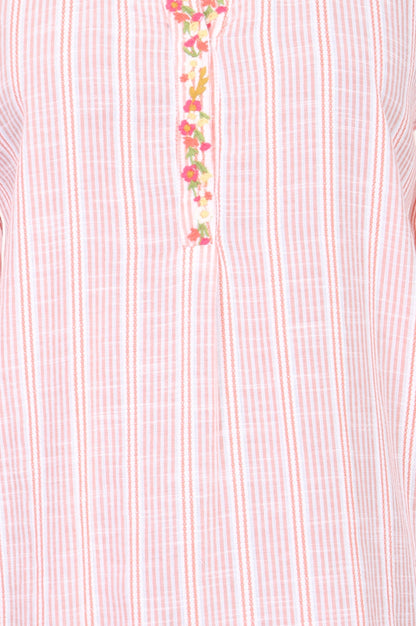 Light Pink Striped Embroidered Yarn Dyed Pure Cotton Straight Tunic