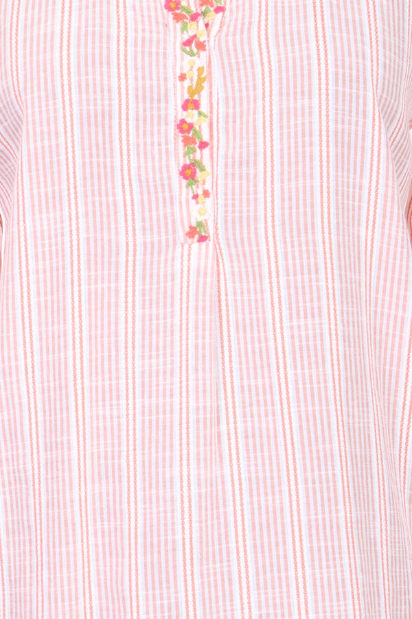 Light Pink Striped Embroidered Yarn Dyed Pure Cotton Straight Tunic