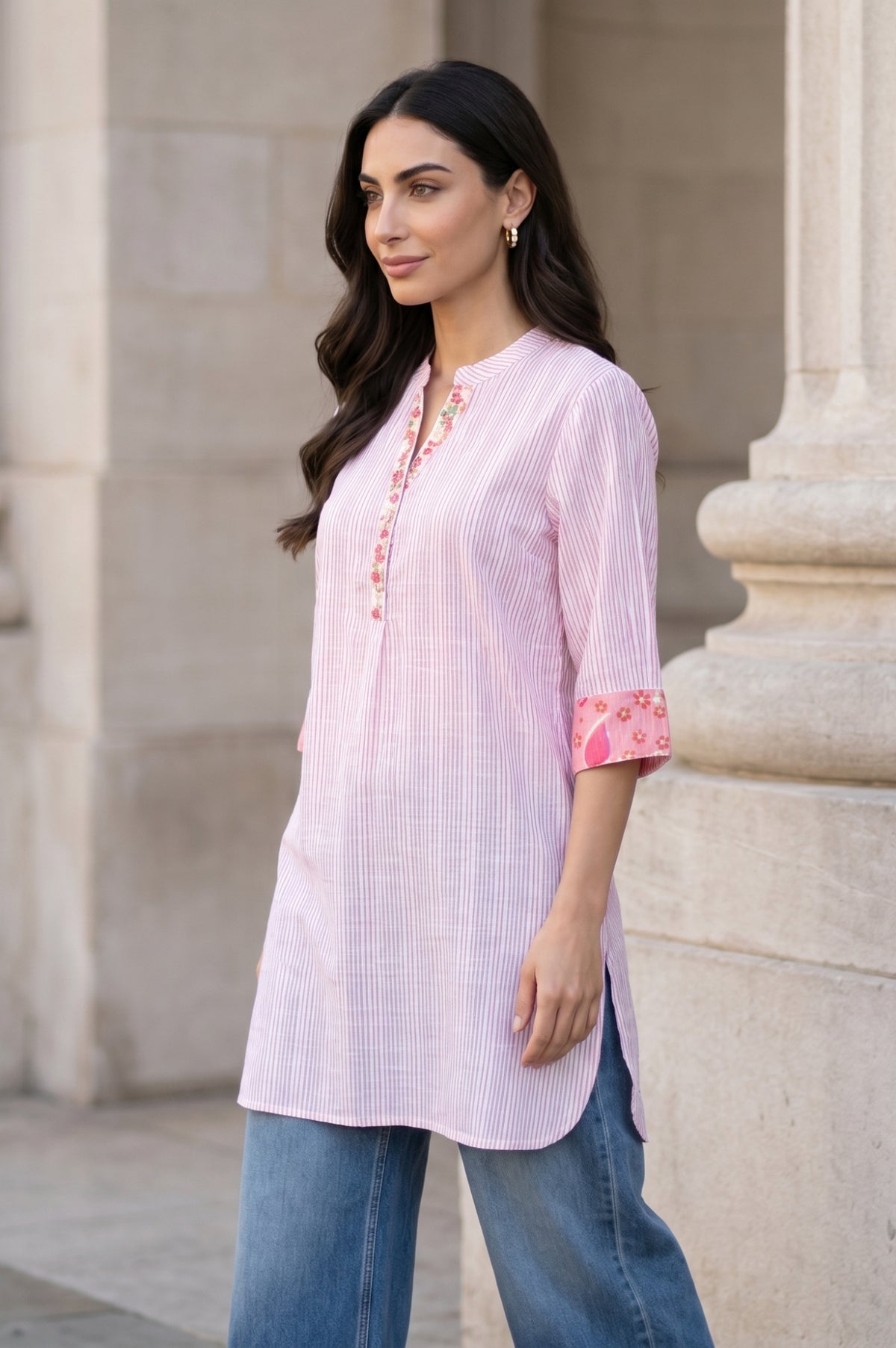 Light Pink Striped Embroidered Yarn Dyed Pure Cotton Straight Tunic