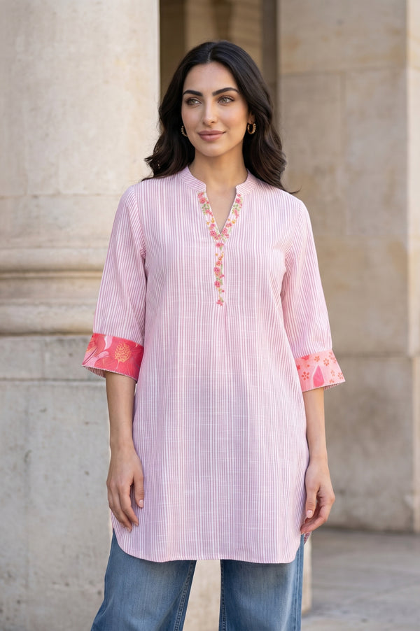 Light Pink Striped Embroidered Yarn Dyed Pure Cotton Straight Tunic