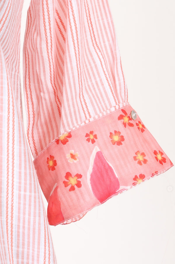 Light Pink Striped Embroidered Yarn Dyed Pure Cotton Straight Tunic