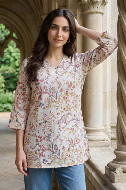 Off White Floral Printed Pure Cotton Straight Top