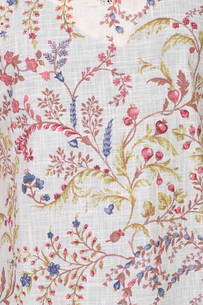 Off White Floral Printed Pure Cotton Straight Top