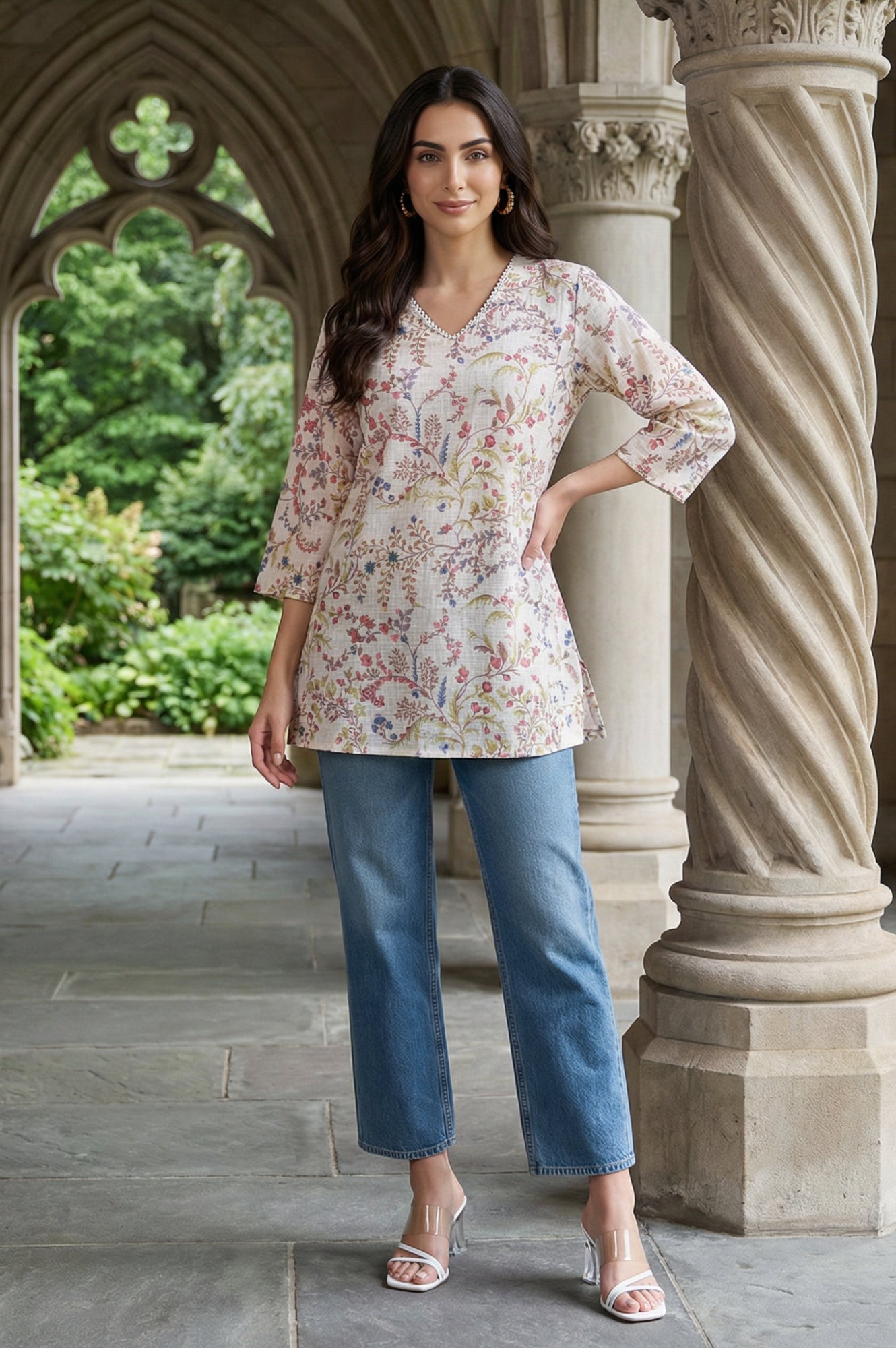 Off White Floral Printed Pure Cotton Straight Top