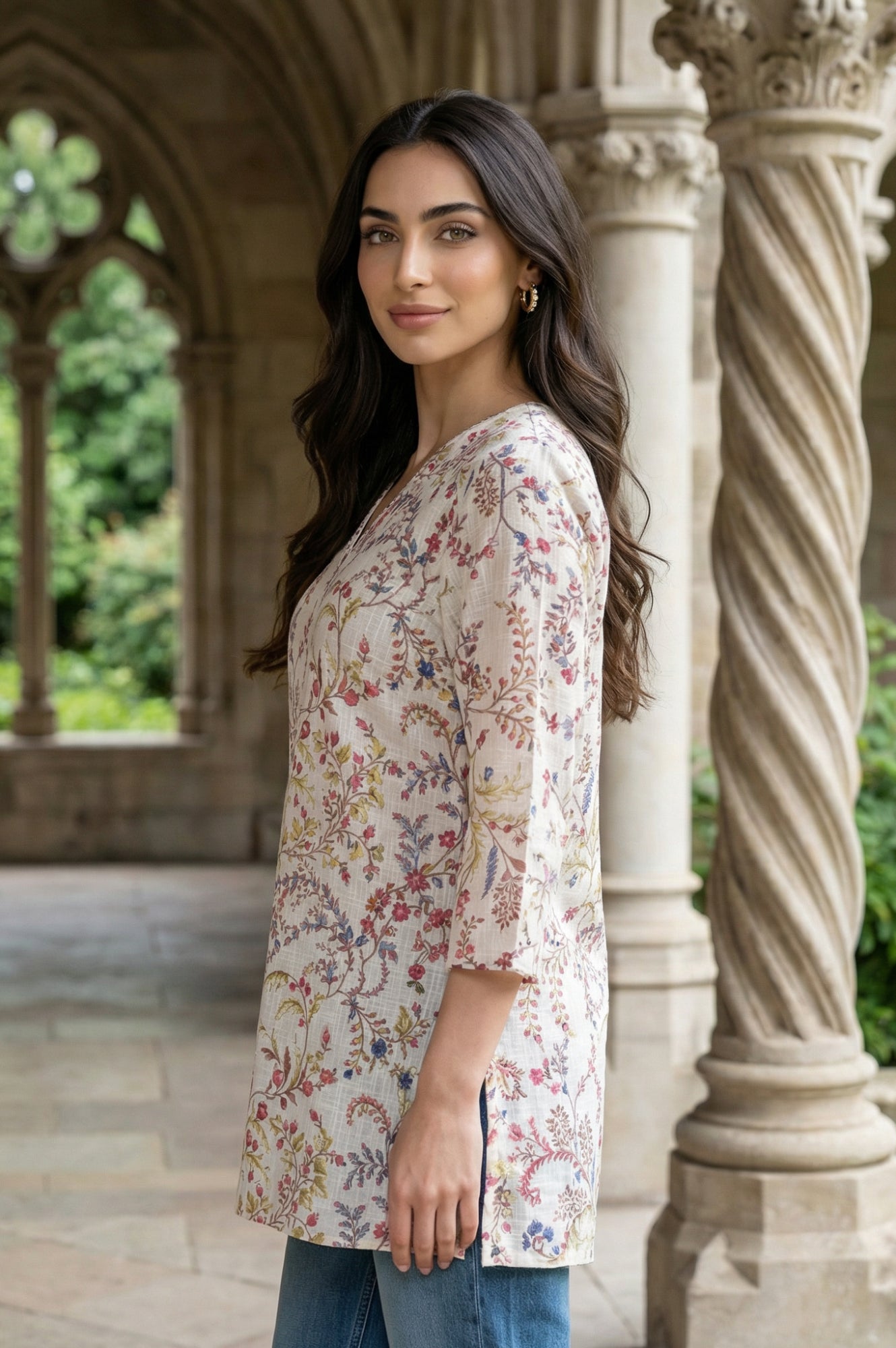 Off White Floral Printed Pure Cotton Straight Top
