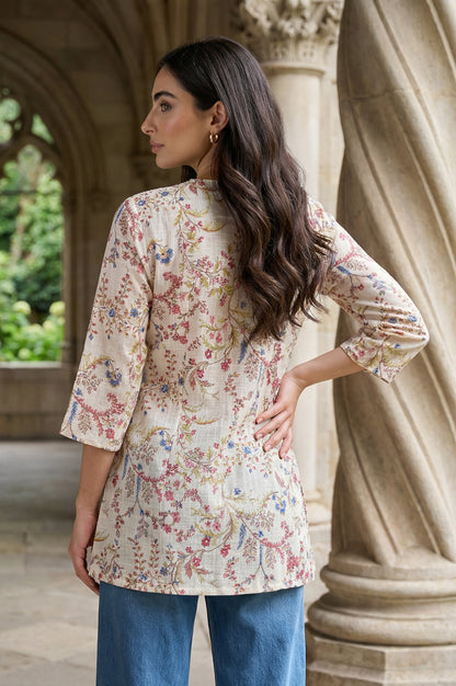 Off White Floral Printed Pure Cotton Straight Top