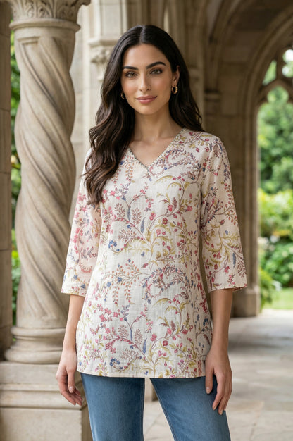 Off White Floral Printed Pure Cotton Straight Top