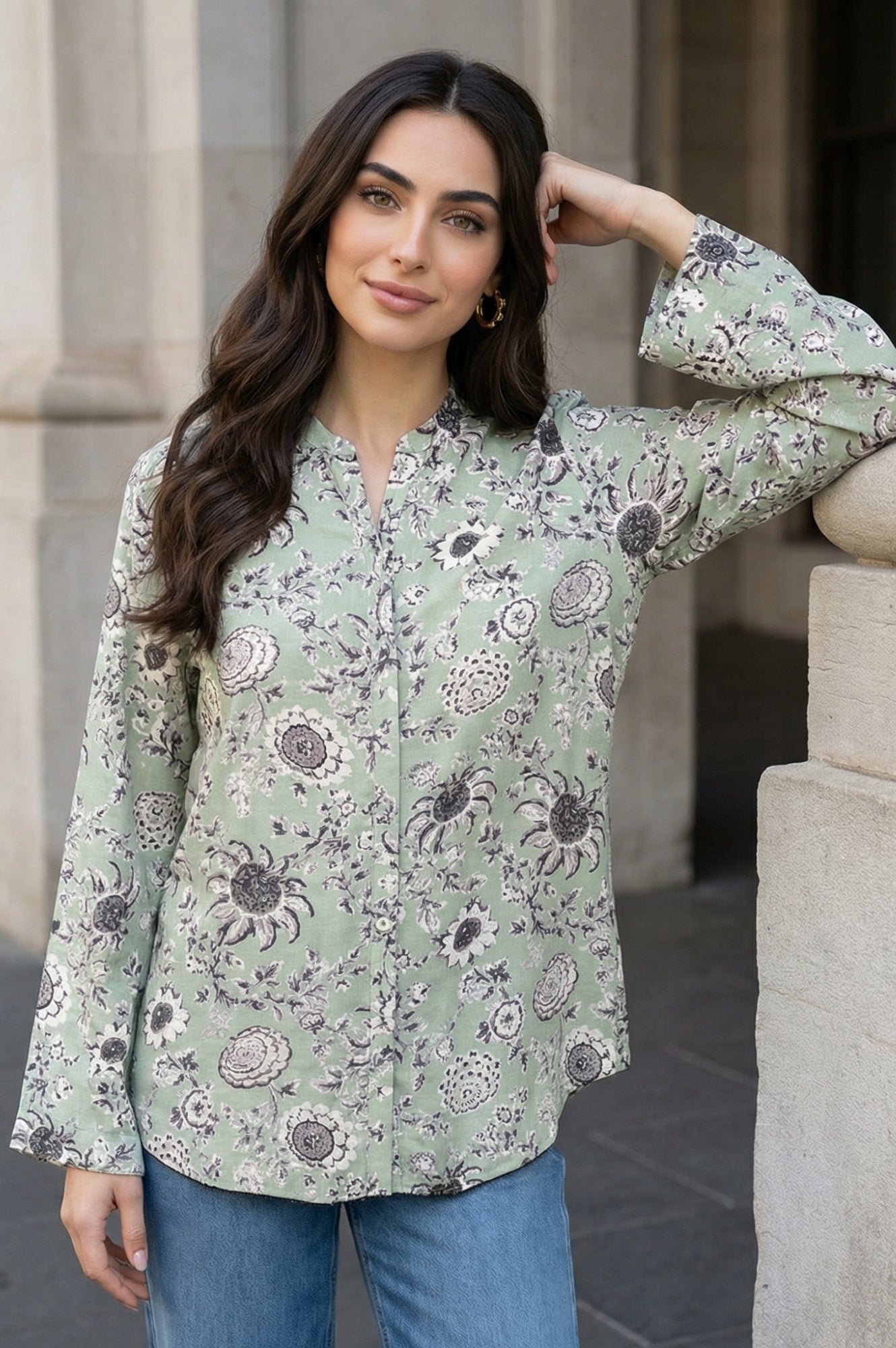 Green Floral Printed Straight Shirt