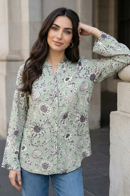 Green Floral Printed Straight Shirt