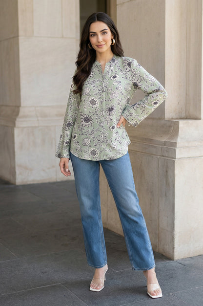 Green Floral Printed Straight Shirt