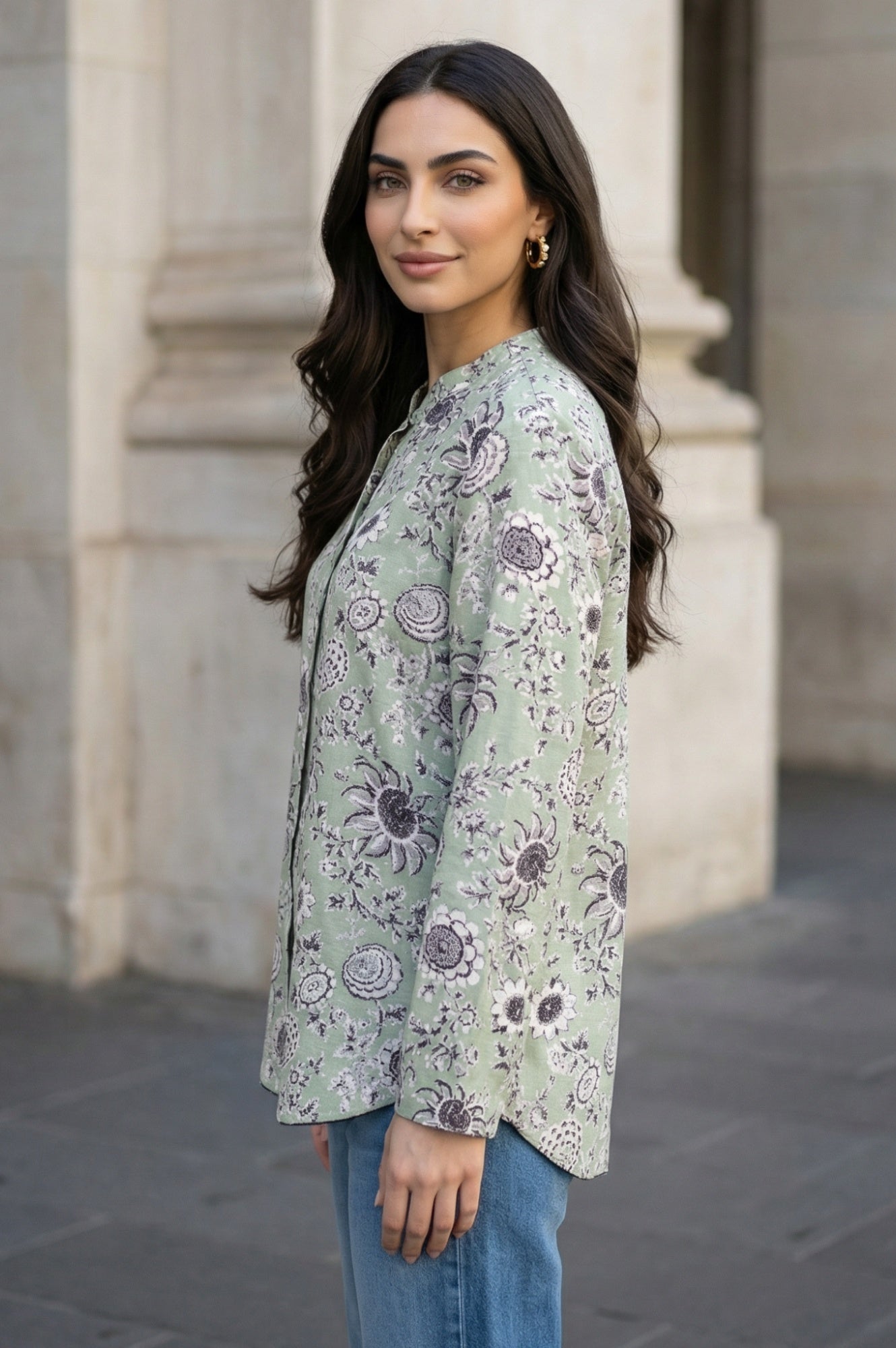 Green Floral Printed Straight Shirt