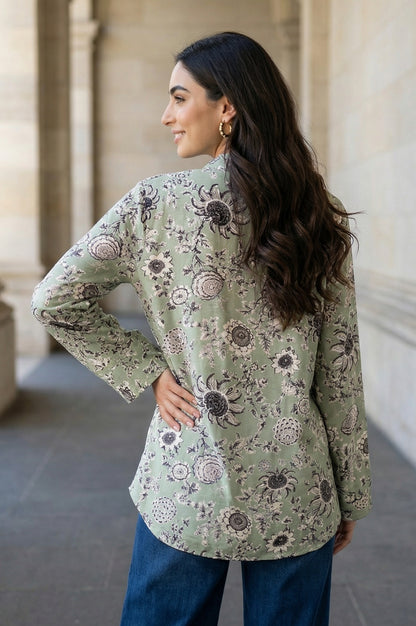 Green Floral Printed Straight Shirt