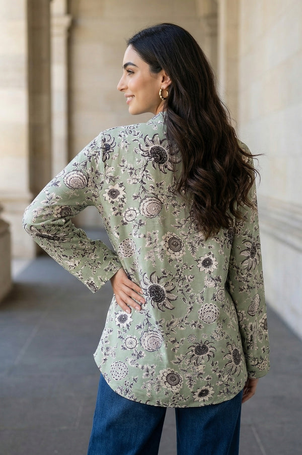 Green Floral Printed Straight Shirt