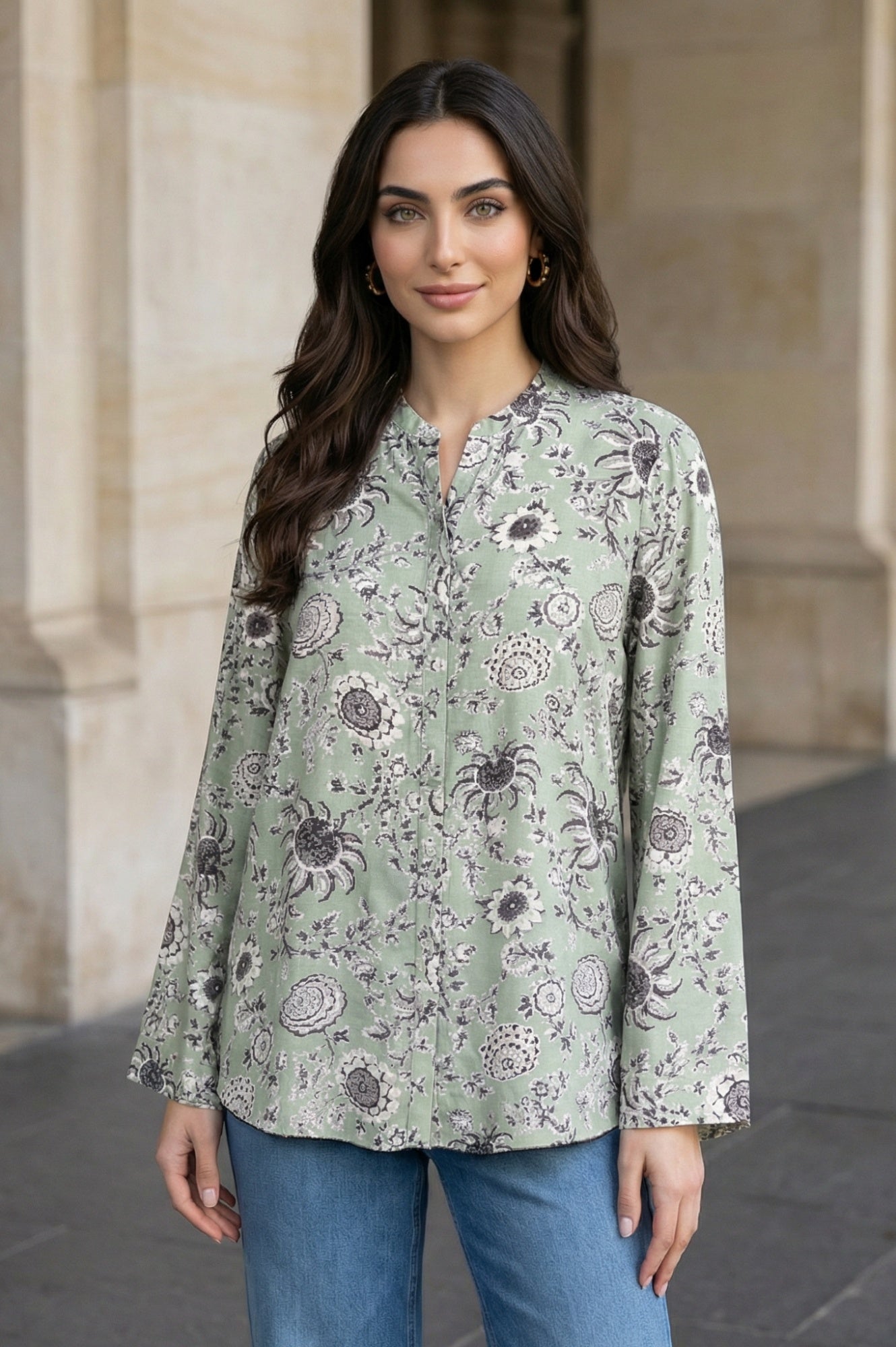 Green Floral Printed Straight Shirt