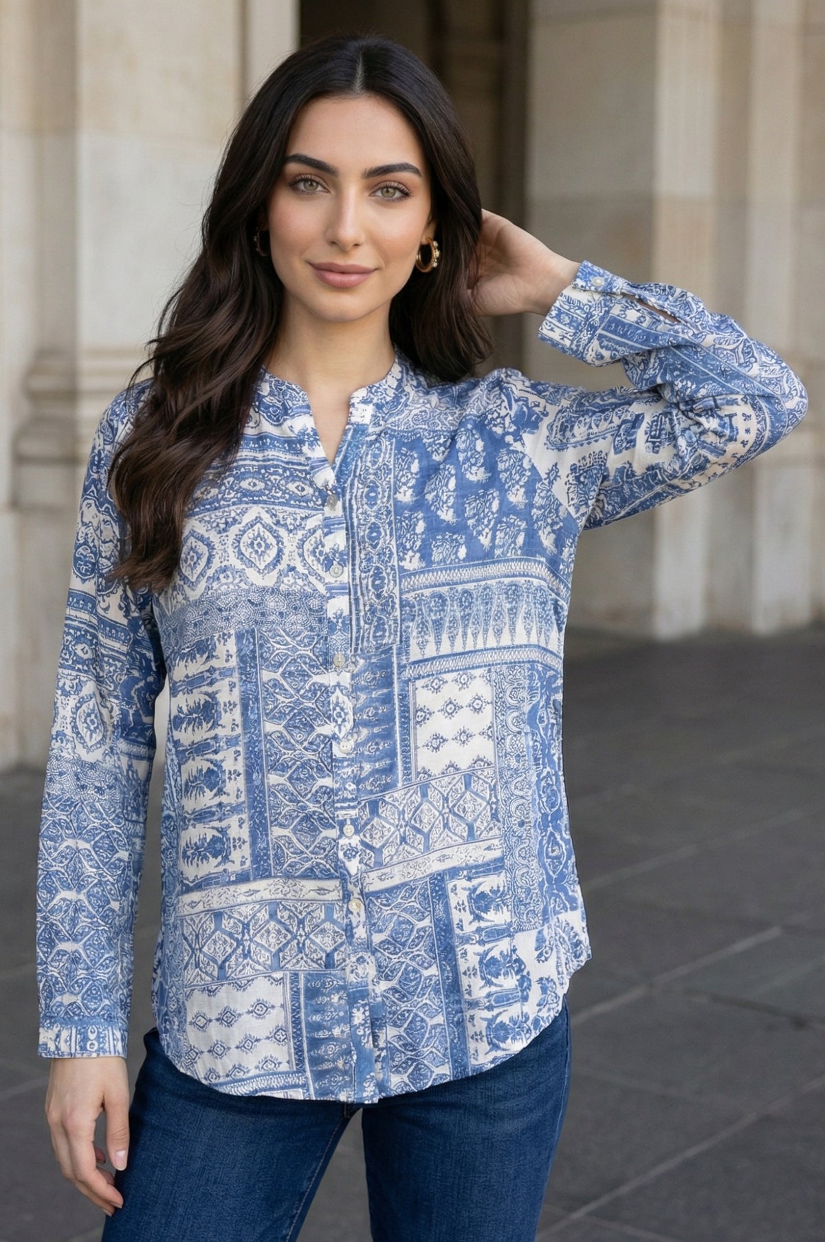 Blue Geometric Printed Straight Shirt - XS