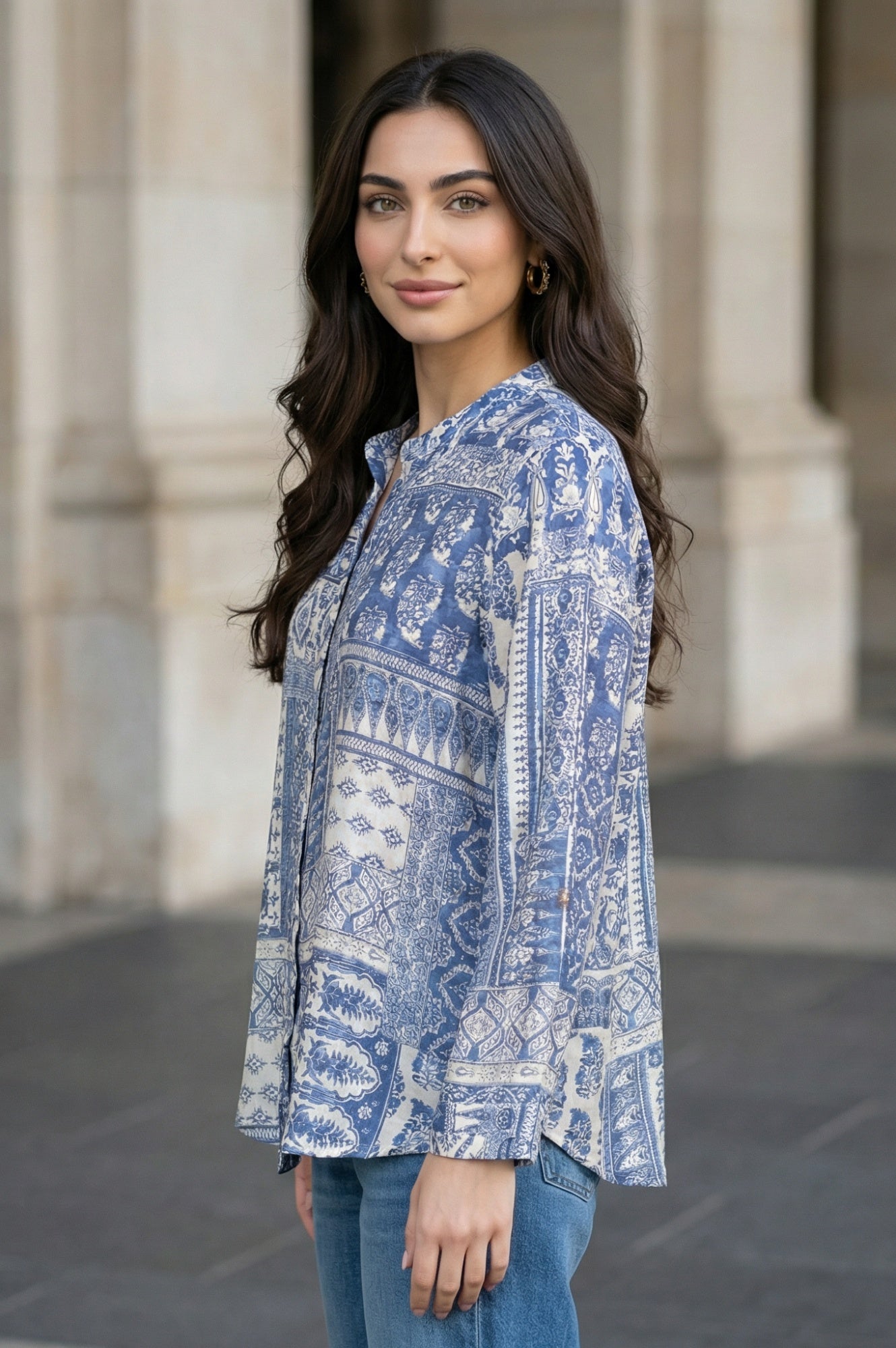 Blue Geometric Printed Straight Shirt