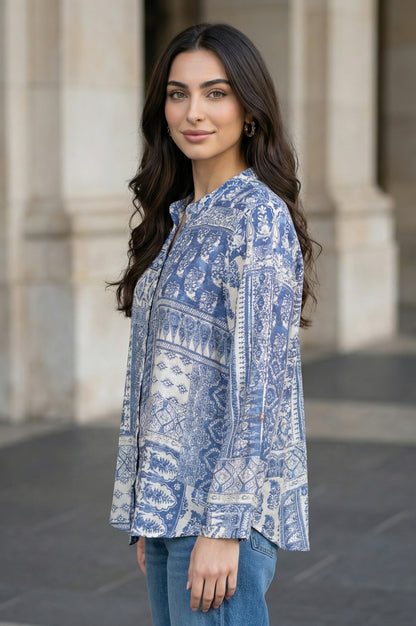 Blue Geometric Printed Straight Shirt