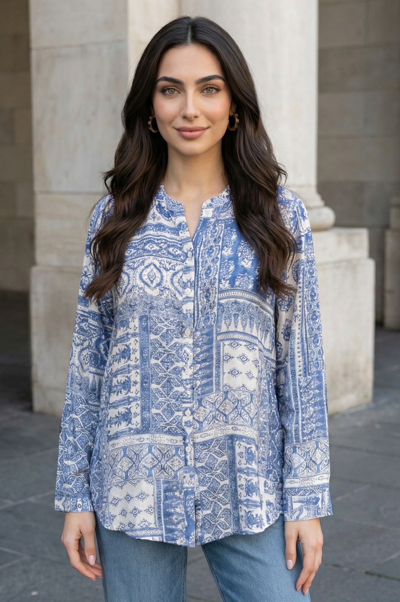 Blue Geometric Printed Straight Shirt