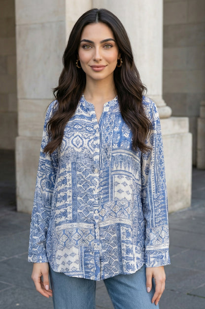 Blue Geometric Printed Straight Shirt