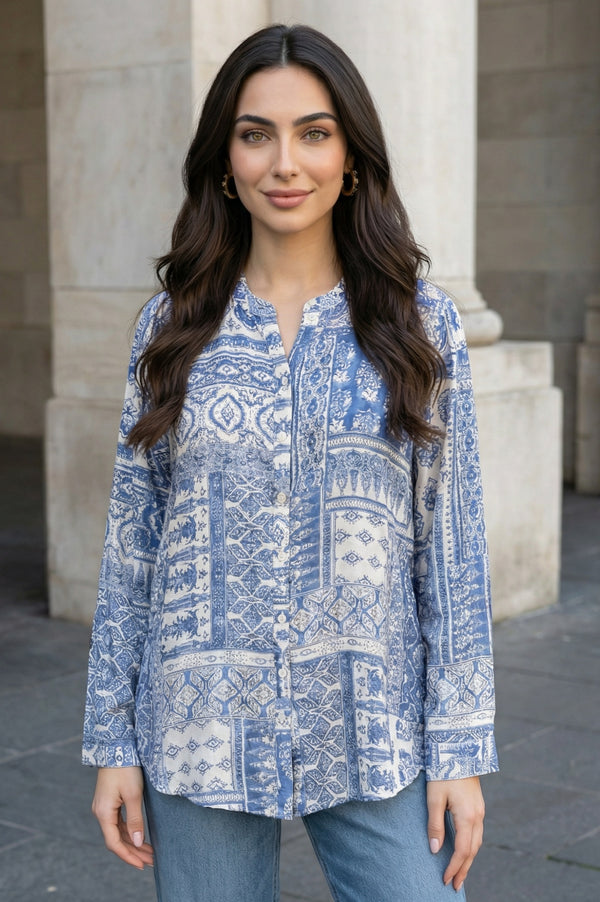 Blue Geometric Printed Straight Shirt