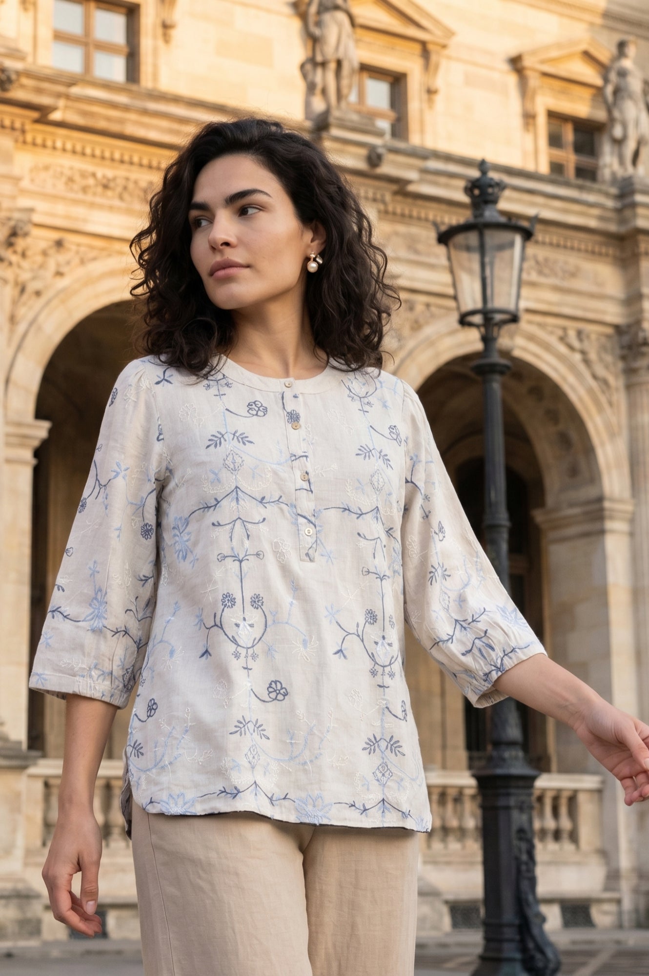 Off White Embroidered Rayon Flax Straight Top