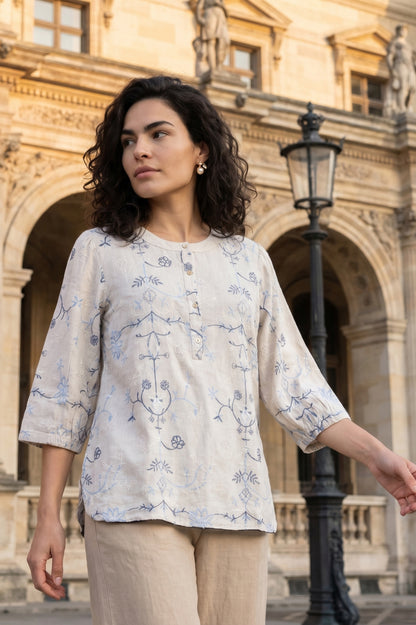 Off White Embroidered Rayon Flax Straight Top