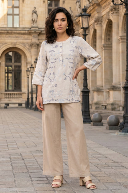 Off White Embroidered Rayon Flax Straight Top