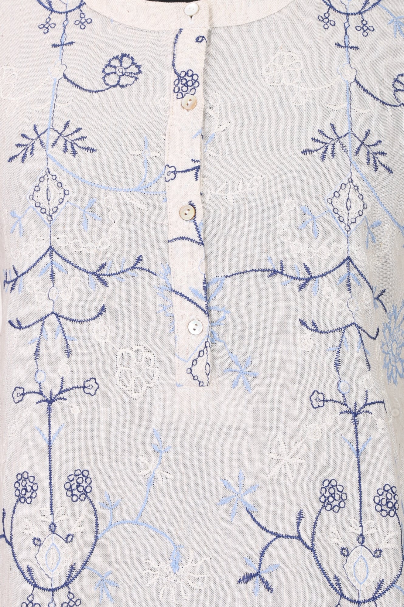 Off White Embroidered Rayon Flax Straight Top