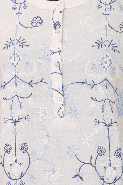 Off White Embroidered Rayon Flax Straight Top