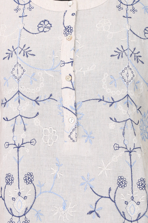 Off White Embroidered Rayon Flax Straight Top