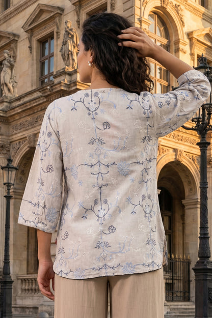 Off White Embroidered Rayon Flax Straight Top