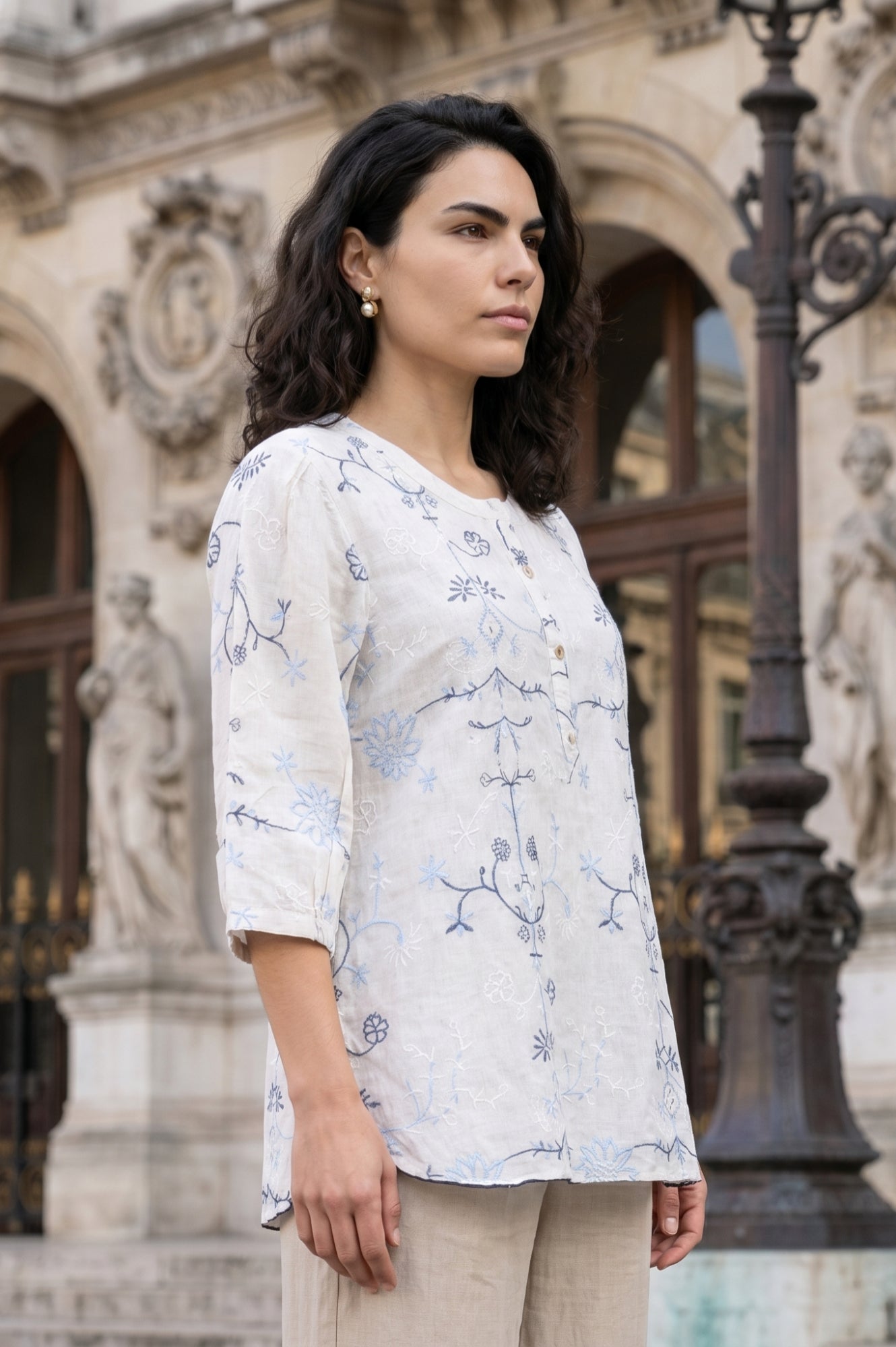 Off White Embroidered Rayon Flax Straight Top