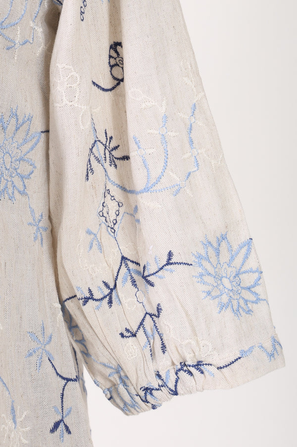 Off White Embroidered Rayon Flax Straight Top