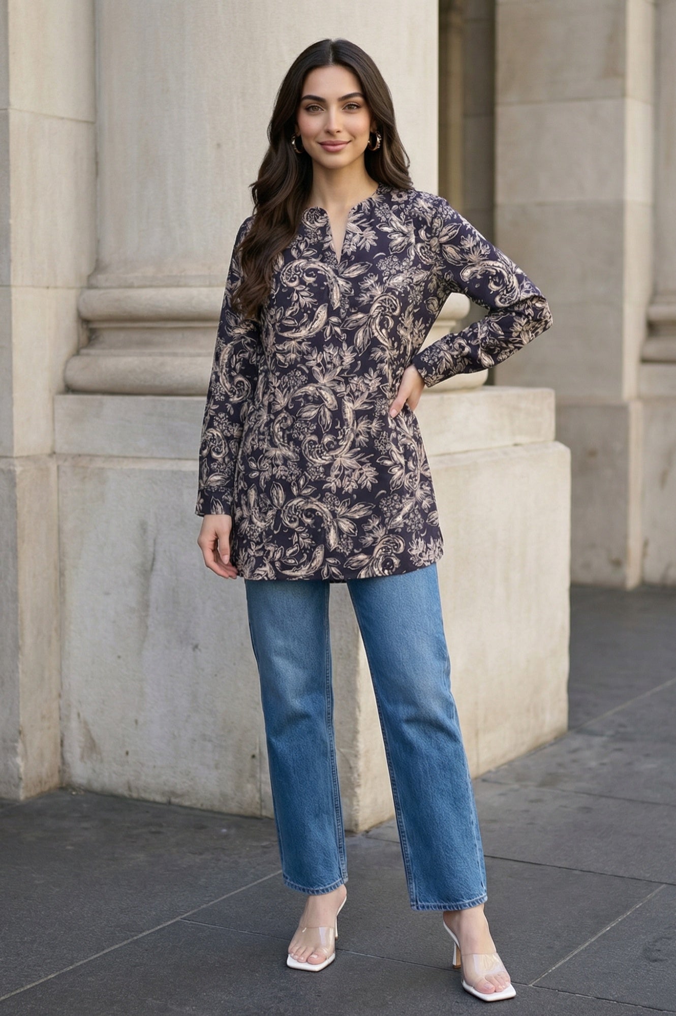 Navy Blue Block Paisley Printed Straight Tunic