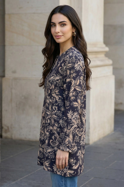 Navy Blue Block Paisley Printed Straight Tunic