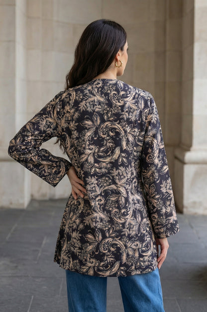 Navy Blue Block Paisley Printed Straight Tunic