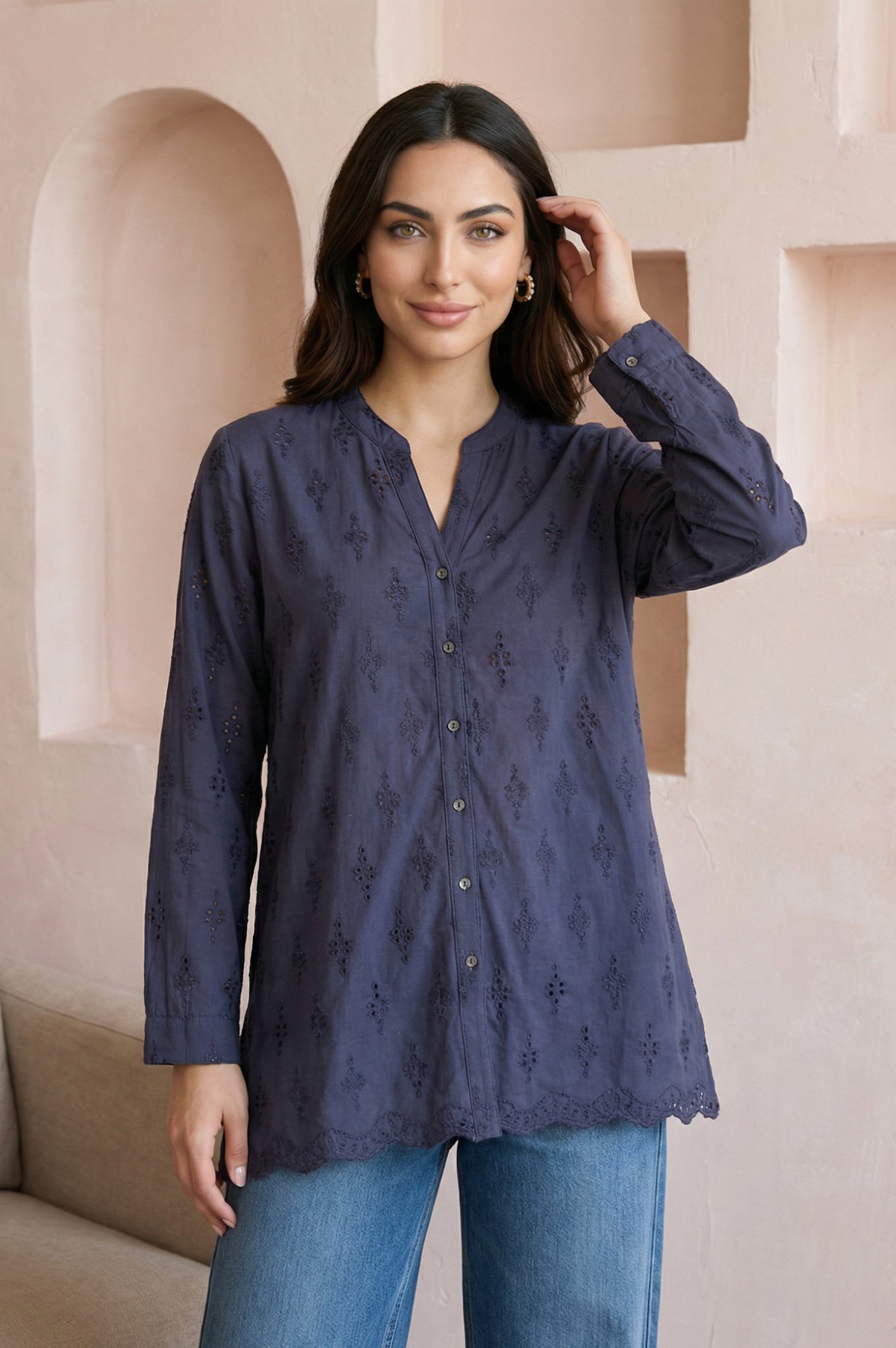 Navy Blue Schiffli Pure Cotton Straight Shirt - XS